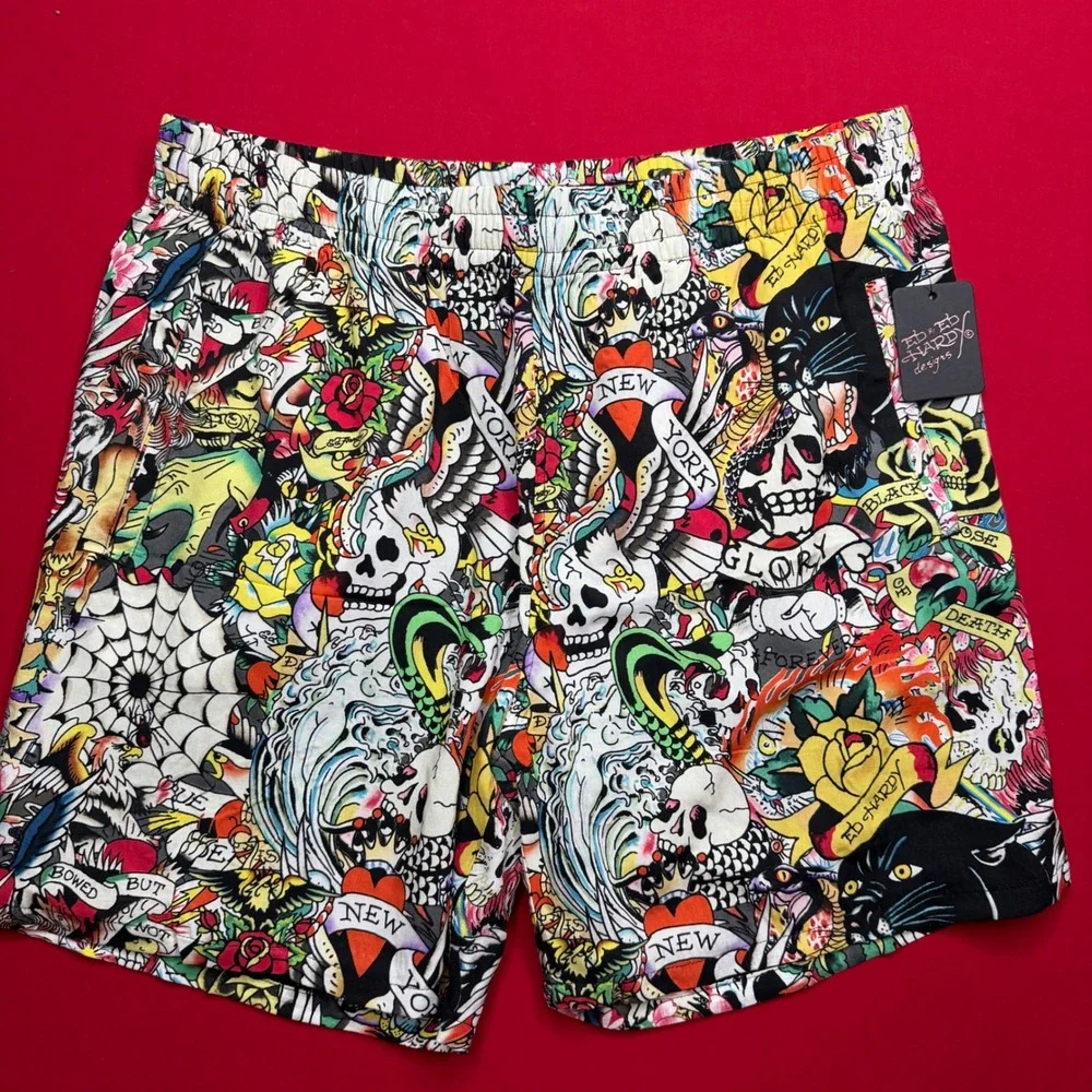 Ed Hardy Mens Tattoo Print Shorts Multi Color Skull Panther Graphic New Large